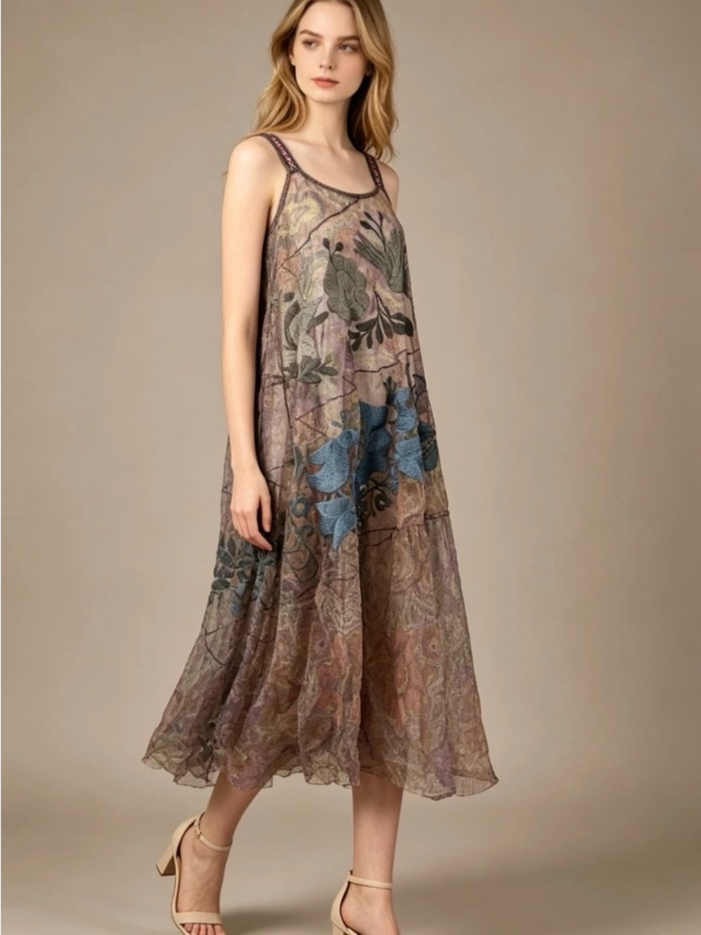 Johnny Was Mesh Embroidered Floral Sleeveless Midi Dress Size S